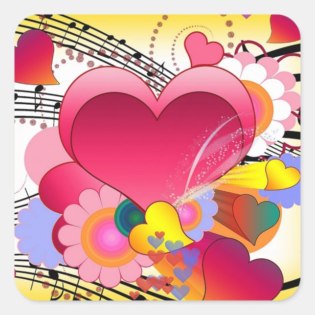 Pegatina Cuadrada Hearts Flowers and Music Notes (Anverso)