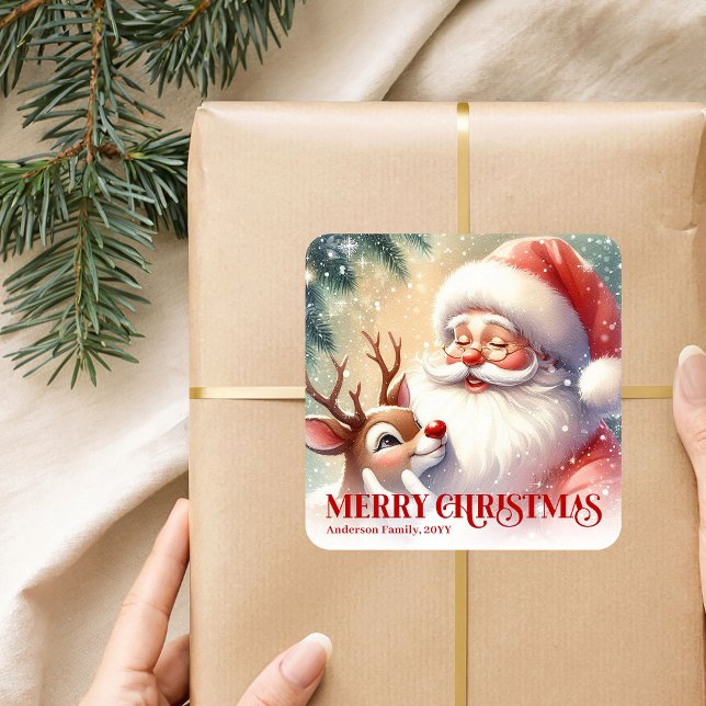Pegatina Cuadrada Heartwarming Personalized Santa and Rudolph Sticke (Heartwarming Personalized Santa and Rudolph Sticker)