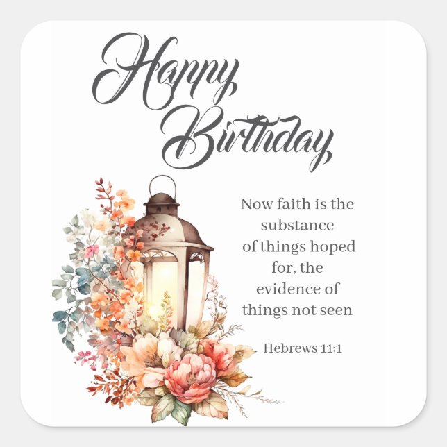 Pegatina Cuadrada Hebrews 11:1 Christian Birthday Wishes (Anverso)