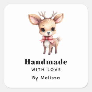 Pegatina Cuadrada Hecha a mano con amor Cute Baby Deer Personalizado