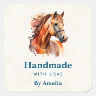Pegatina Cuadrada Hecha a mano con amor Hermoso retrato de caballo d