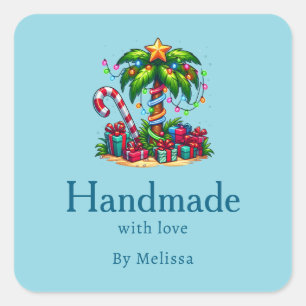 Pegatina Cuadrada Hecha a mano con amor Navidades tropicales Palm Tr