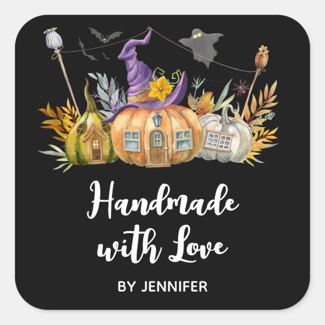 Pegatina Cuadrada Hecha con amor Tiras y Bats de la casa de calabaza (Anverso)