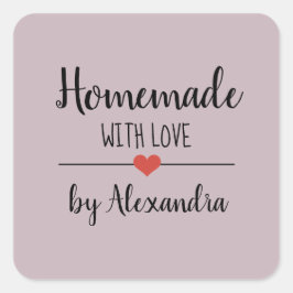 Pegatina Cuadrada Hecha en casa con luz de amor nombre de guión púrp