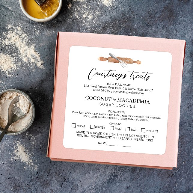 Pegatina Cuadrada Hecha En Un Ingredientes De Cocina Doméstica (Minimal made in a home kitchen food stickers with watercolor bakery art)