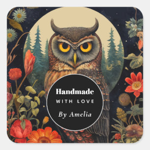 Pegatina Cuadrada Hecho a mano con Amo Búho de noche con una luna ll