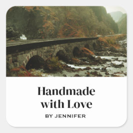 Pegatina Cuadrada Hecho a mano con amor Autumn Forest and River Phot