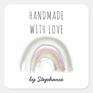 Pegatina Cuadrada Hecho a mano con amor Boho Arcoíris