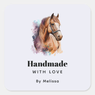 Pegatina Cuadrada Hecho a mano con Amor Cabeza de Caballo Marrón en