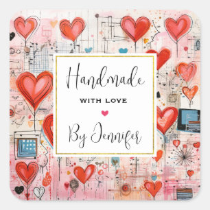 Pegatina Cuadrada Hecho a mano con amor Corazón Rojo Amor caprichoso