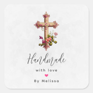 Pegatina Cuadrada Hecho a mano con amor Cruz de madera con flores