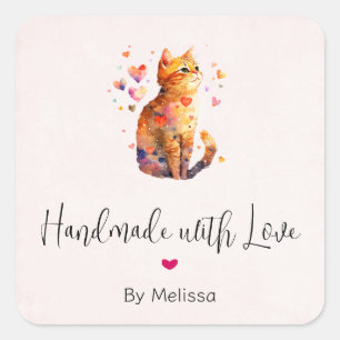 Pegatina Cuadrada Hecho a mano con amor Cute Tabby Cat con corazones