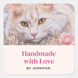 Pegatina Cuadrada Hecho a mano con amor Elegante gato blanco en joya