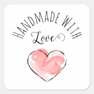 Pegatina Cuadrada Hecho a Mano con Amor Embalaje Corazón Adorable