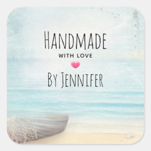 Pegatina Cuadrada Hecho a mano con amor Escena de playa costera Náut