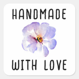 Pegatina Cuadrada Hecho a Mano con Amor Flor Acuarela Azul