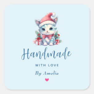 Pegatina Cuadrada Hecho a mano con Amor Gatito Lindo en un Sombrero 