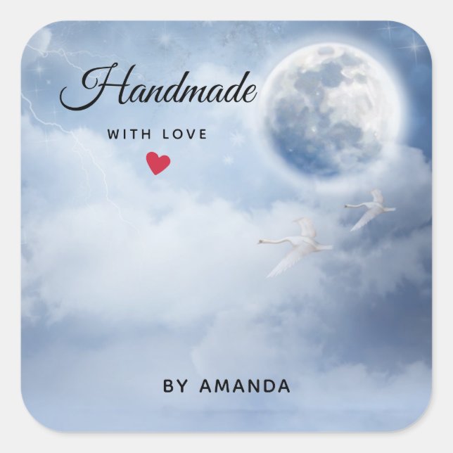 Pegatina Cuadrada Hecho a mano con amor Hermoso cielo azul con cisne (Anverso)