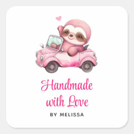 Pegatina Cuadrada Hecho a Mano con Amor Perezoso Rosa Lindo Conducie