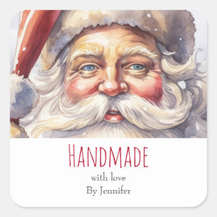 Pegatina Cuadrada Hecho a mano con amor Retro Jolly Santa Claus