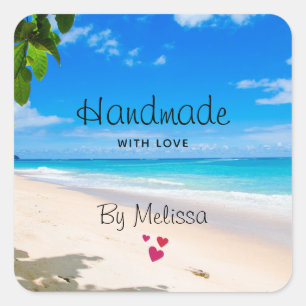 Pegatina Cuadrada Hecho a mano con amor Sun Sand y Surf Photography