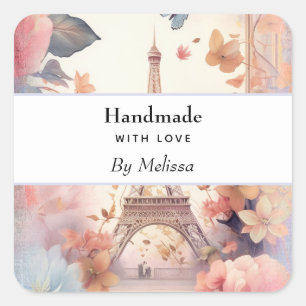 Pegatina Cuadrada hecho a mano con amor Torre Eiffel y Flores