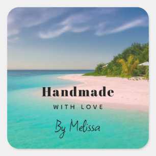 Pegatina Cuadrada Hecho a mano con amor Tropical Playa Aqua Océano 