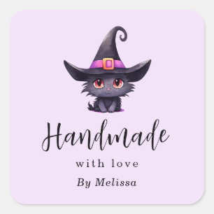 Pegatina Cuadrada Hecho a mano con amor, un gato negro lindo en el G