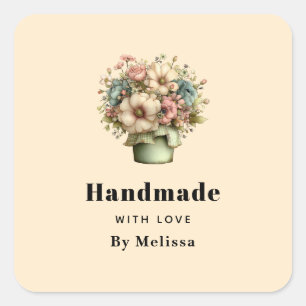 Pegatina Cuadrada Hecho a mano con flores caprichosas en una maceta