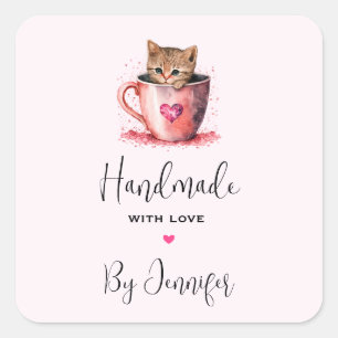 Pegatina Cuadrada Hecho a mano con Love Kitten en una taza de té con
