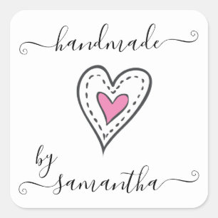 Pegatina Cuadrada Hecho a mano por Custom Name Corazón Doodle Rosa