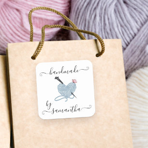 Pegatina Cuadrada Hecho a mano por Custom Name Yarn Heart y Mariposa