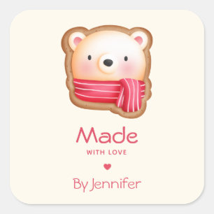 Pegatina Cuadrada Hecho con amor Cara de oso lindo en una bufanda ro