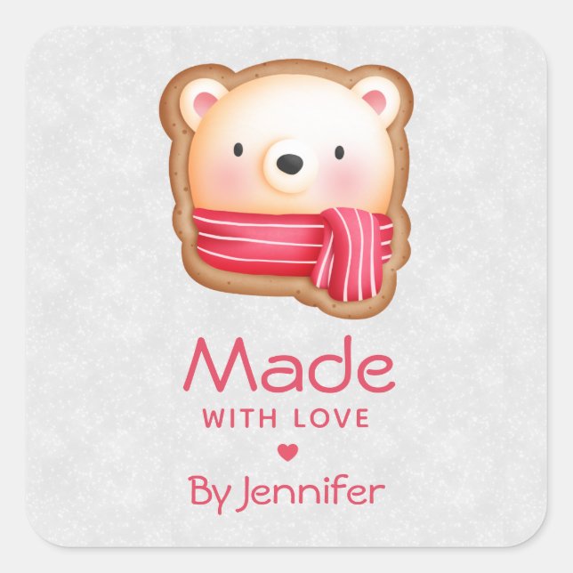 Pegatina Cuadrada Hecho con amor Cara de oso lindo en una bufanda ro (Anverso)