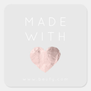 Pegatina Cuadrada Hecho con amor Corazón Rosa Rosa Nombre Web Gris B