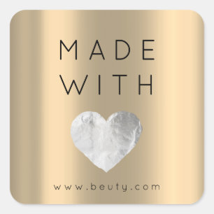 Pegatina Cuadrada Hecho con amor Corazón Sepia Oro Nombre Web Gray