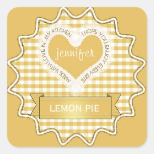 Pegatina Cuadrada Hecho con amor Gingham Amarillo