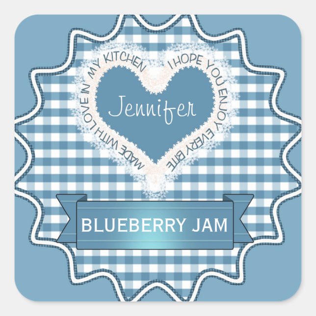 Pegatina Cuadrada Hecho con amor Gingham Blue (Anverso)