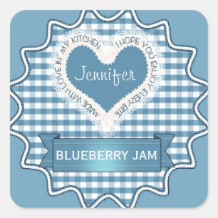 Pegatina Cuadrada Hecho con amor Gingham Blue