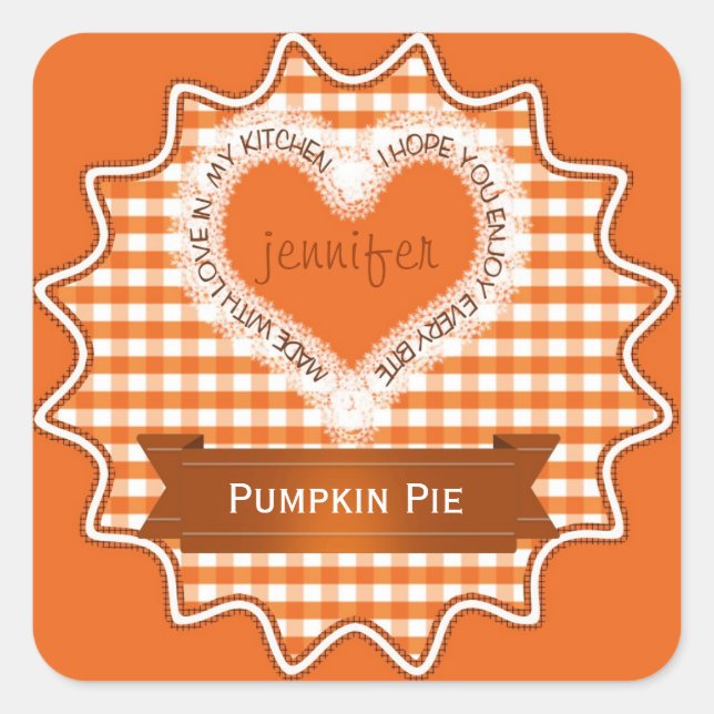 Pegatina Cuadrada Hecho con amor Gingham Naranja (Anverso)