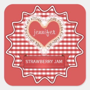 Pegatina Cuadrada Hecho con amor Gingham Red