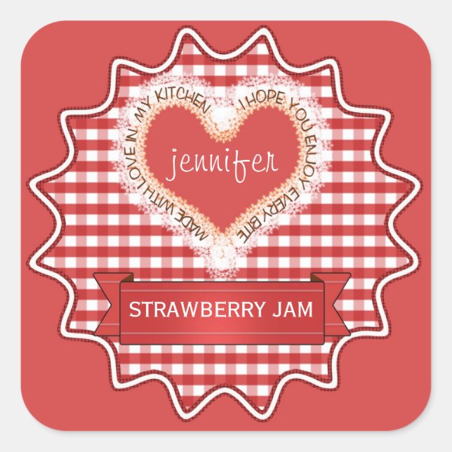 Pegatina Cuadrada Hecho con amor Gingham Red (Anverso)