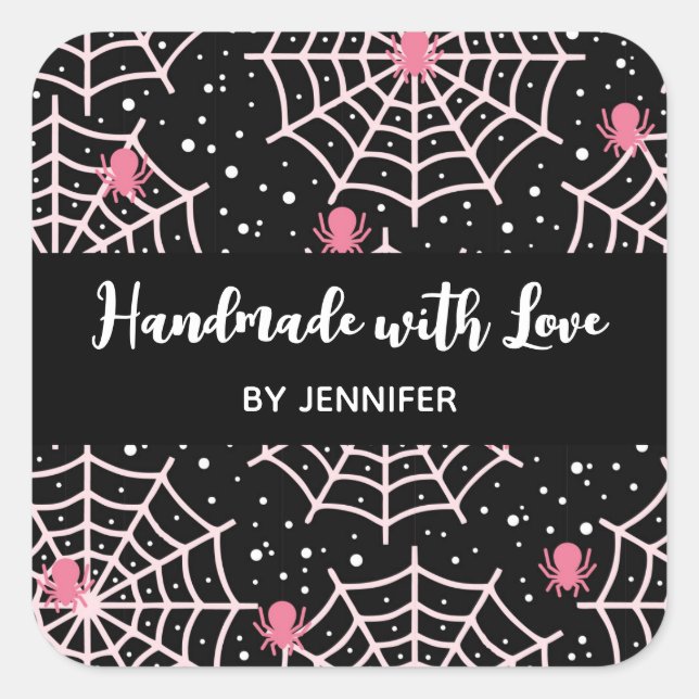 Pegatina Cuadrada Hecho con amor Halloween Cobwebs & Spiders Pattern (Anverso)