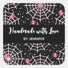 Pegatina Cuadrada Hecho con amor Halloween Cobwebs & Spiders Pattern