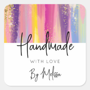Pegatina Cuadrada Hecho con amor rayas arcoiris con Purpurina de oro