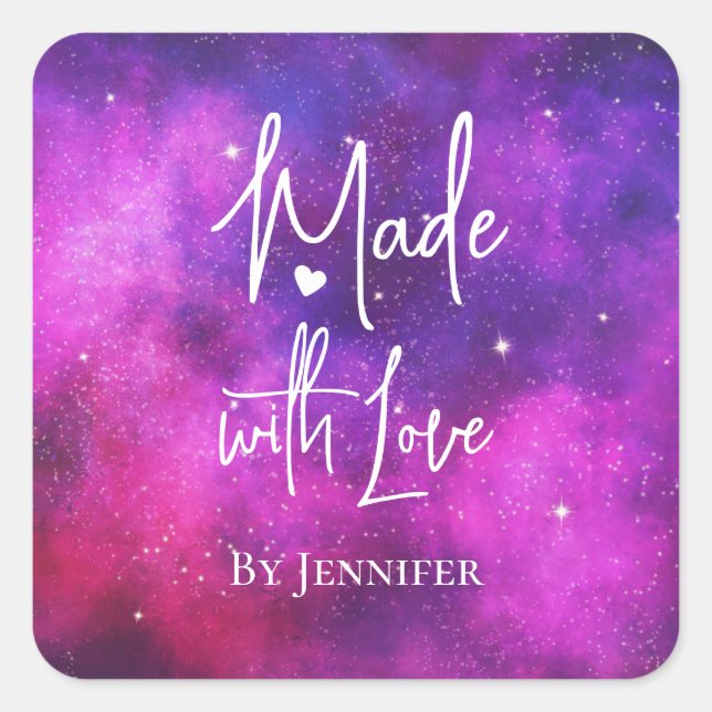 Pegatina Cuadrada Hecho con amor, rosa y morado, espacio y estrellas (Anverso)