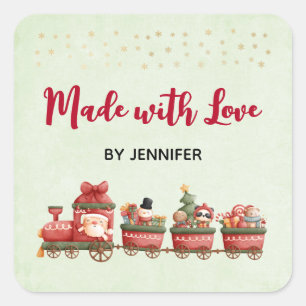 Pegatina Cuadrada Hecho con amor Vintage Tren de Navidad con juguete