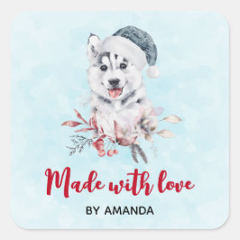 Pegatina Cuadrada Hecho con Navidades de amor Perro Husky en un Somb