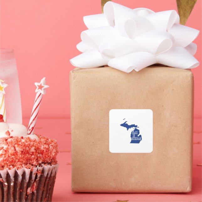 Pegatina Cuadrada Hecho En Michigan Con Forma De Michigander Azul (Fiesta)