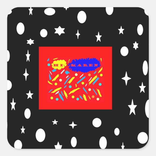 PEGATINA CUADRADA HECHO PARA KAREN ROJO Y BLANCO NEGRO NOMBRADO (Anverso)